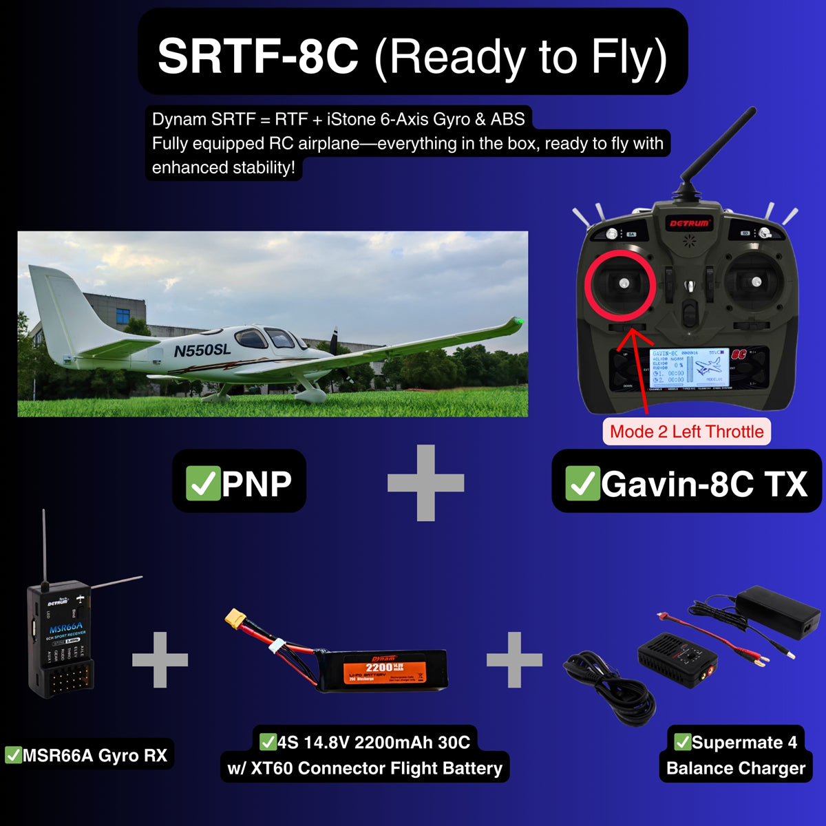 Dynam Cirrus SR22 V3 Trainer 3S 4S White RC Scale Aircraft 1400mm Wingspan Flaps SRTF 8C Mode 2