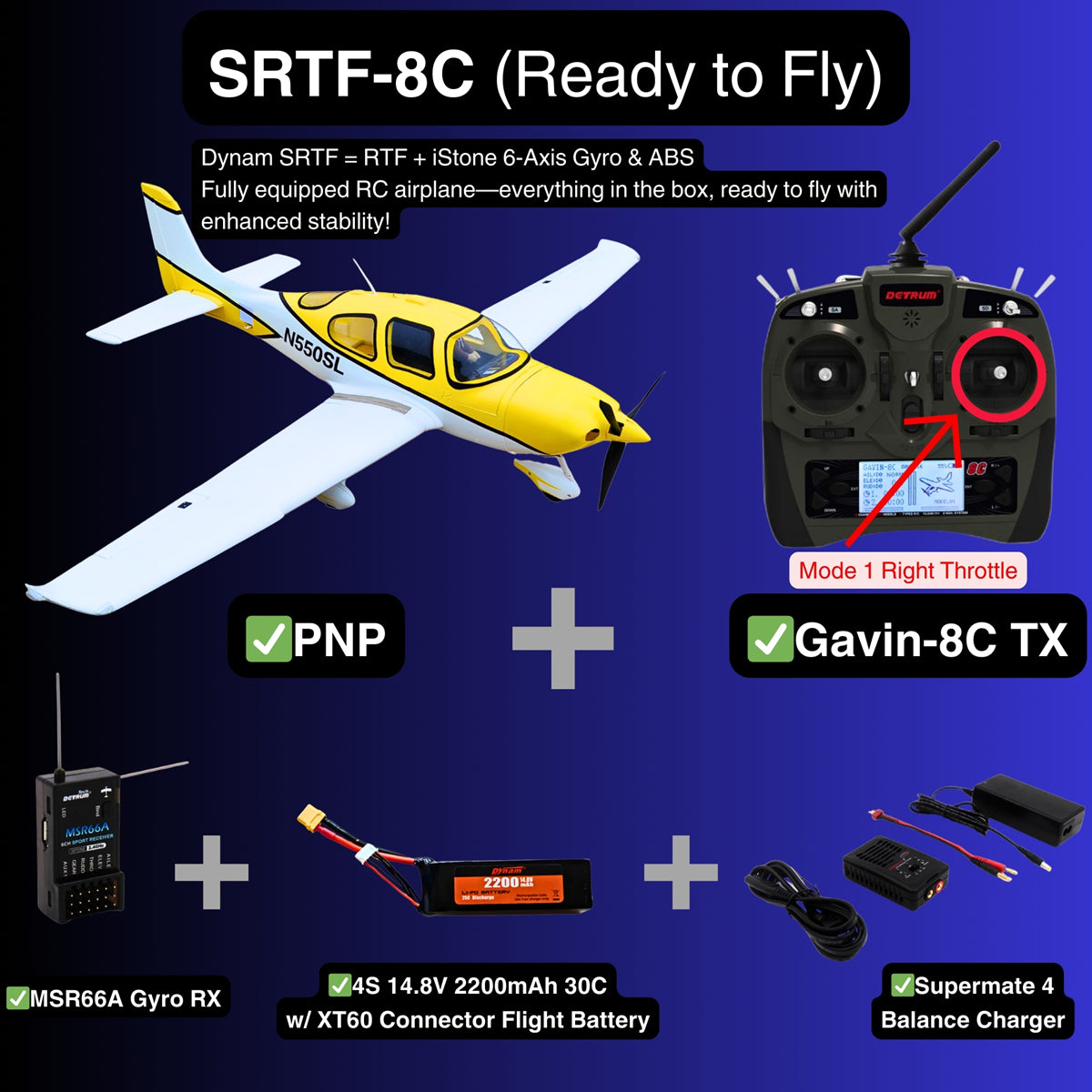 Dynam Cirrus SR22 V3 Trainer 3S 4S Yellow RC Beginner Scale Airplane 1.4m Flaps SRTF 8C Mode 1