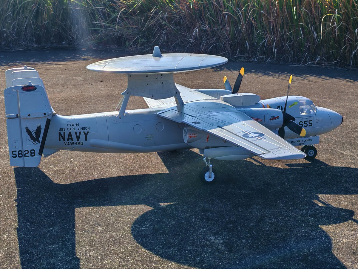 🌟🎉 New Release! Dynam E-2C Hawkeye AEW 1500mm Twin-Engine 360° Rotating Radar RC Scale Airplane