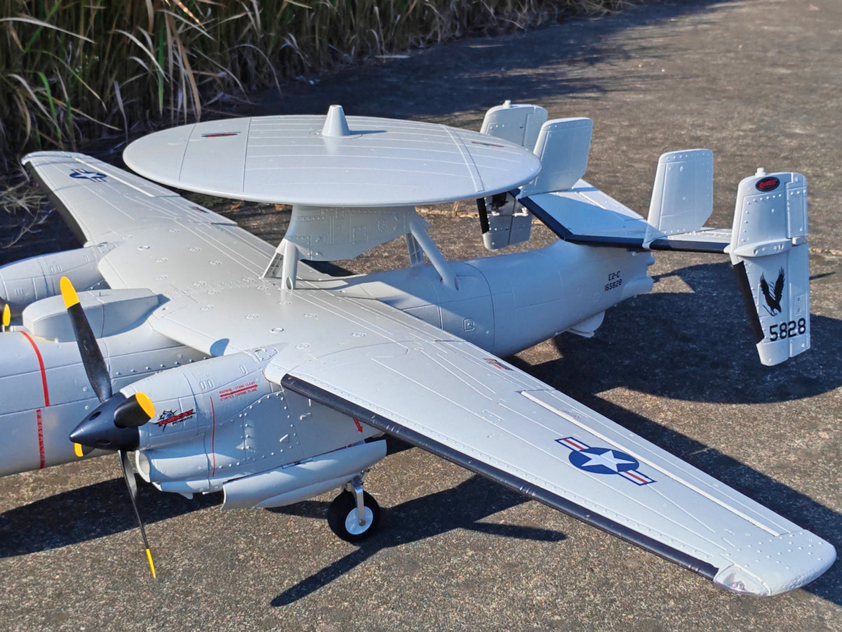 🌟🎉 New Release! Dynam E-2C Hawkeye AEW 1500mm Twin-Engine 360° Rotating Radar RC Scale Airplane