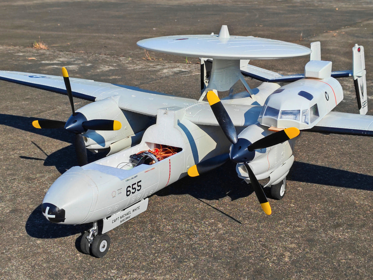🌟🎉 New Release! Dynam E-2C Hawkeye AEW 1500mm Twin-Engine 360° Rotating Radar RC Scale Airplane