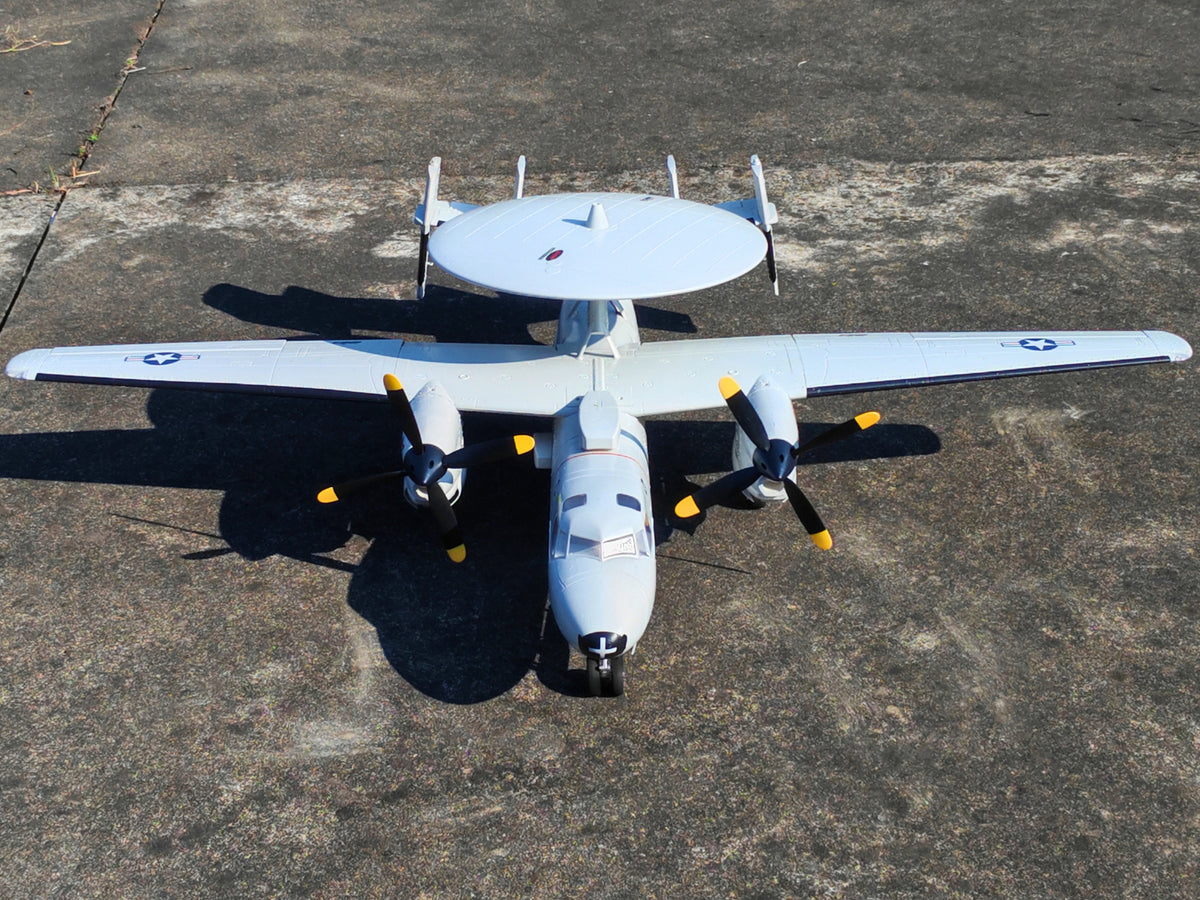 🌟🎉 New Release! Dynam E-2C Hawkeye AEW 1500mm Twin-Engine 360° Rotating Radar RC Scale Airplane