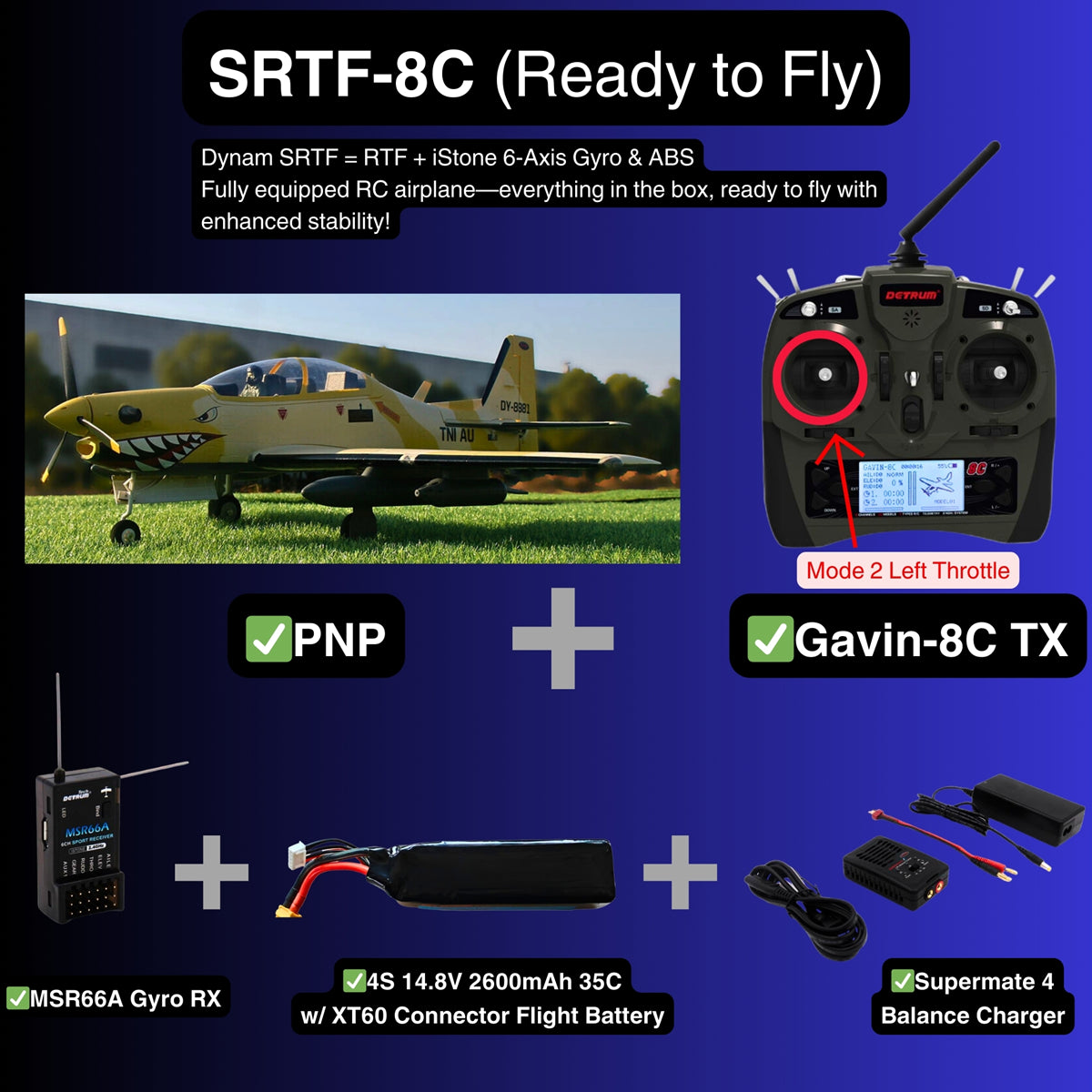 Dynam EMB 312 Tucano 4S RC Scale Plane 1.3m Flaps SRTF 8C Mode 2