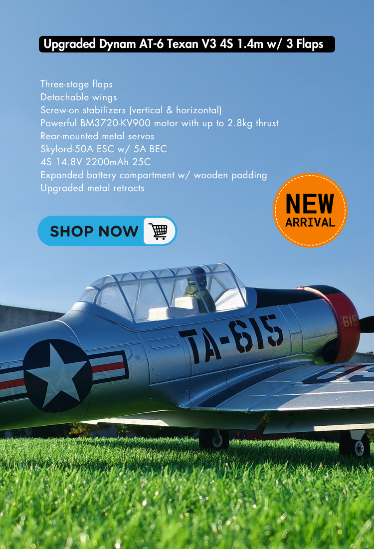 Dynam AT-6 Texan V3 4S RC Warbird Plane 1.4m Wingspan 3 Flaps Banner