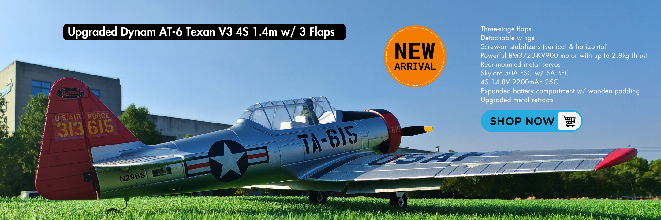Dynam AT-6 Texan V3 4S RC Warbird Plane 1.4m Wingspan 3 Flaps Banner