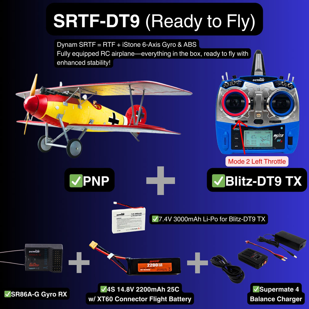 Dynam Albatros D.Va V2 4S RC Warbird Biplane 1300mm 51 Wingspan SRTF DT9 Mode 2