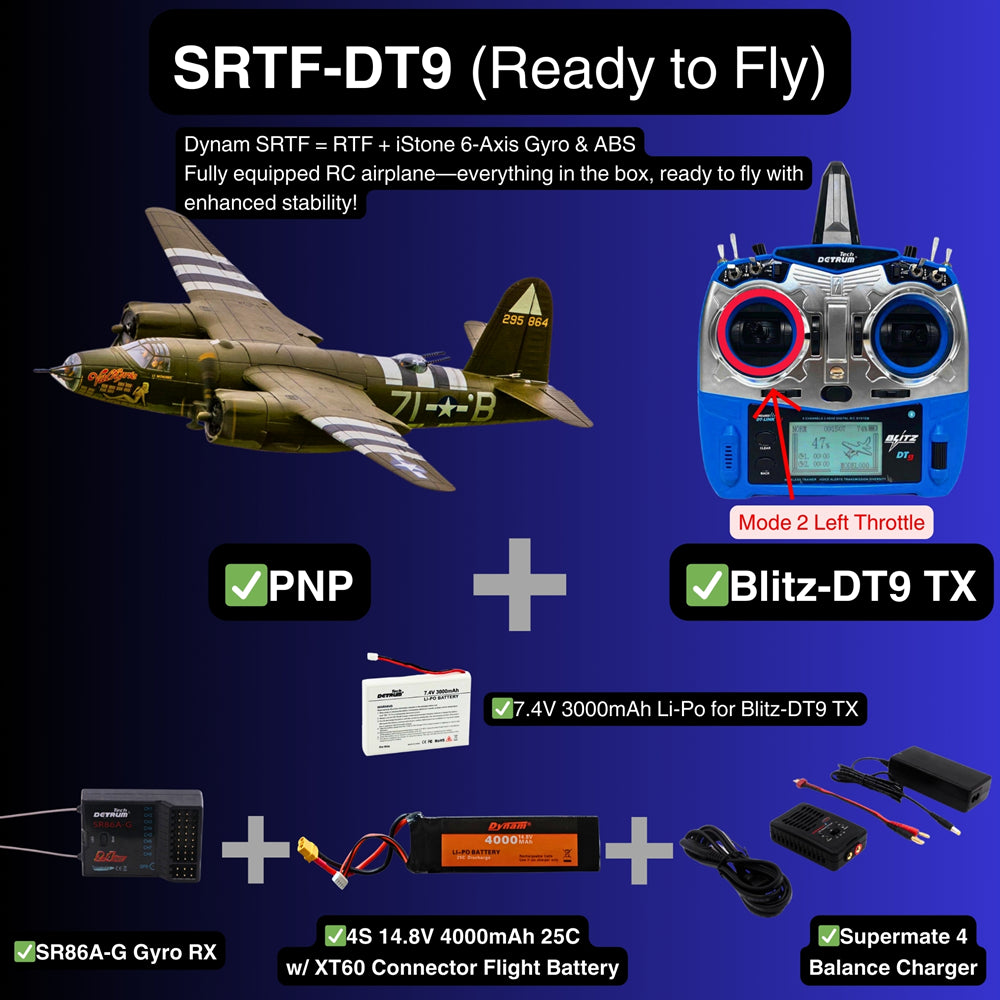 Dynam B 26 Marauder Green 4S Twin Engine RC Warbird Plane SRTF DT9 Mode 2