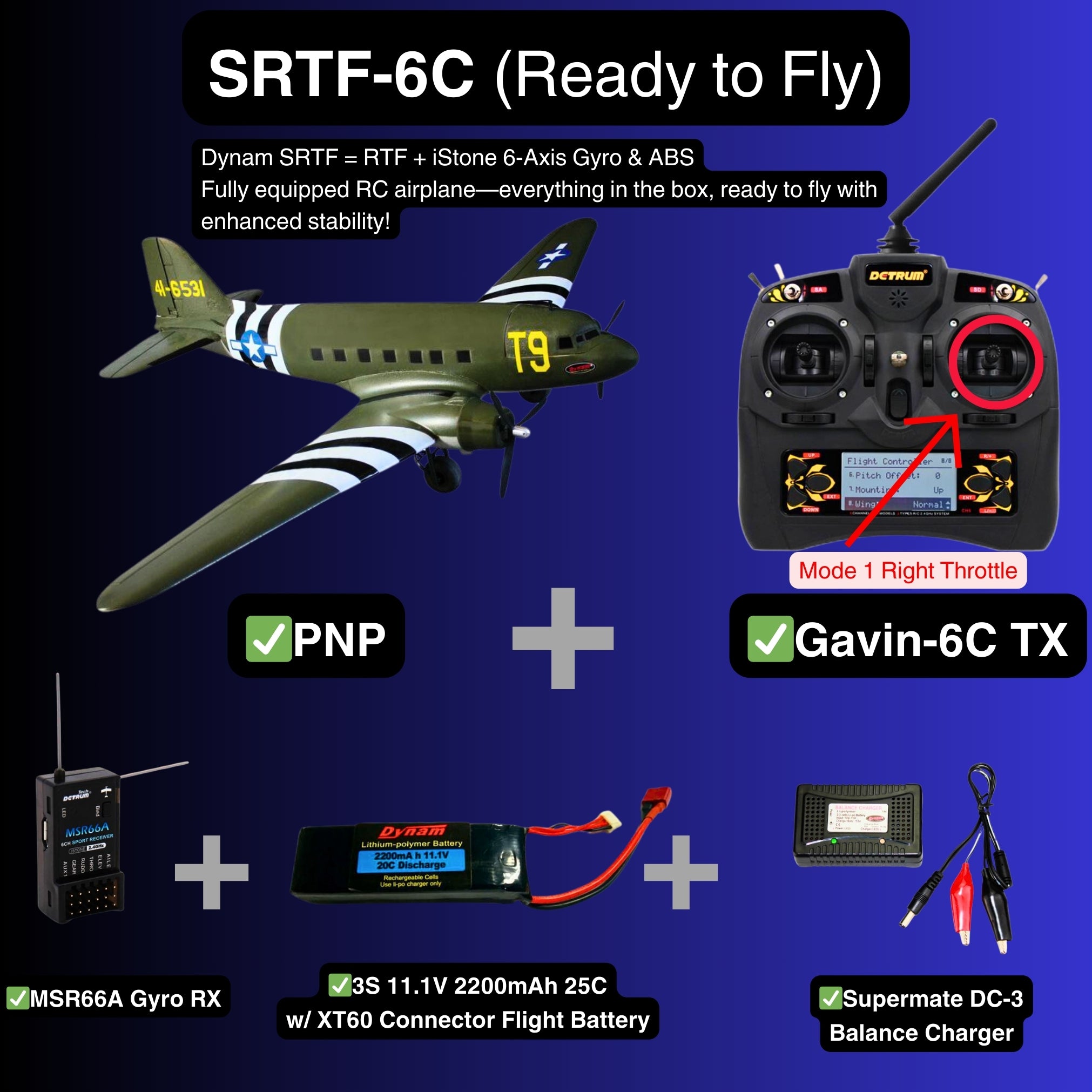 Dynam C 47 Skytrain V2 Green RC Warbird Plane SRTF 6C Mode 1