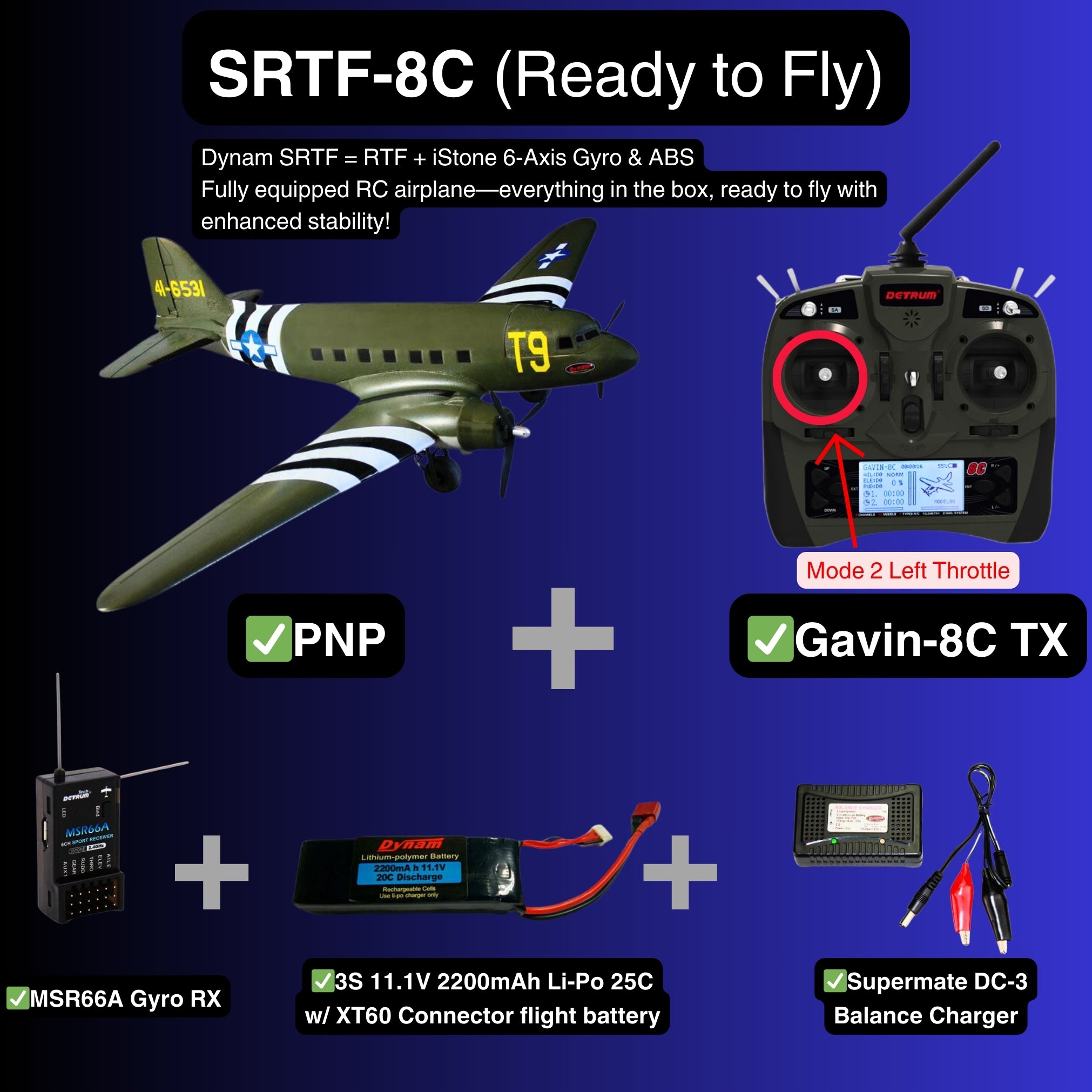 Dynam C 47 Skytrain V2 Green RC Warbird Plane SRTF 8C Mode 2