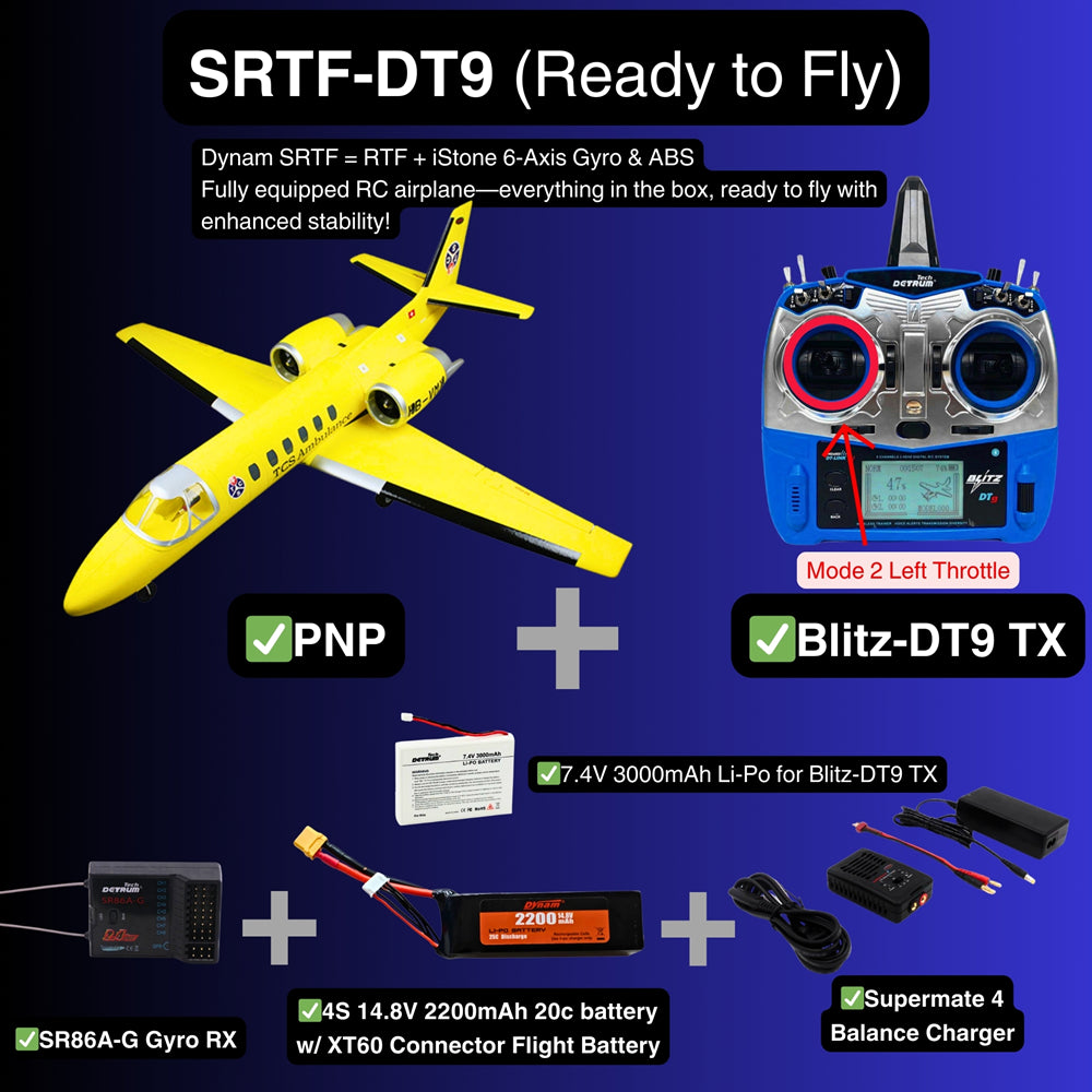 Dynam Cessna 550 Turbo Jet V2 Yellow 4S Twin 64mm EDF RC Jet SRTF DT9 Mode 2