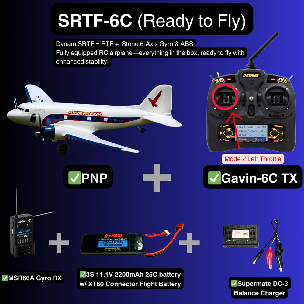 Dynam DC 3 Skybus White RC Warbird Plane SRTF 6C Mode 2