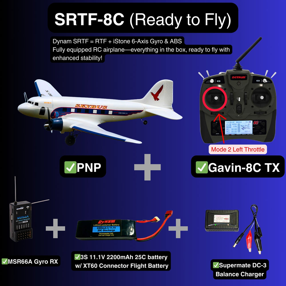 Dynam DC 3 Skybus White RC Warbird Plane SRTF 8C Mode 2
