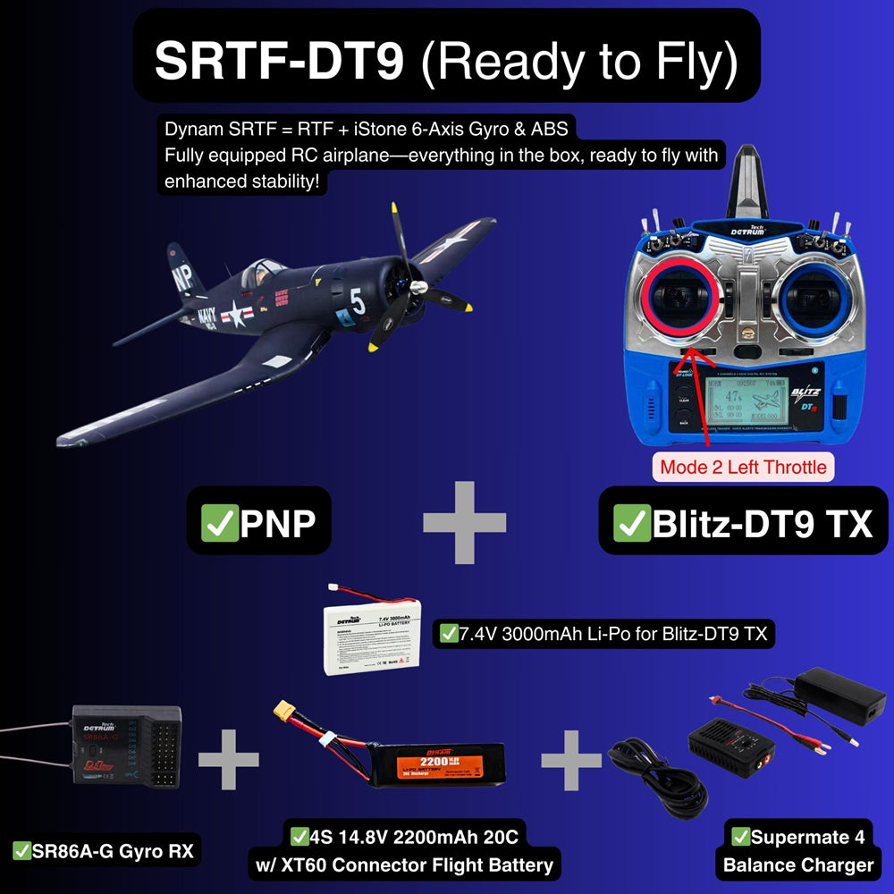 Dynam F4U Corsair V2 4S RC Warbird Plane 1300mm w Flaps SRTF DT9 Mode 2