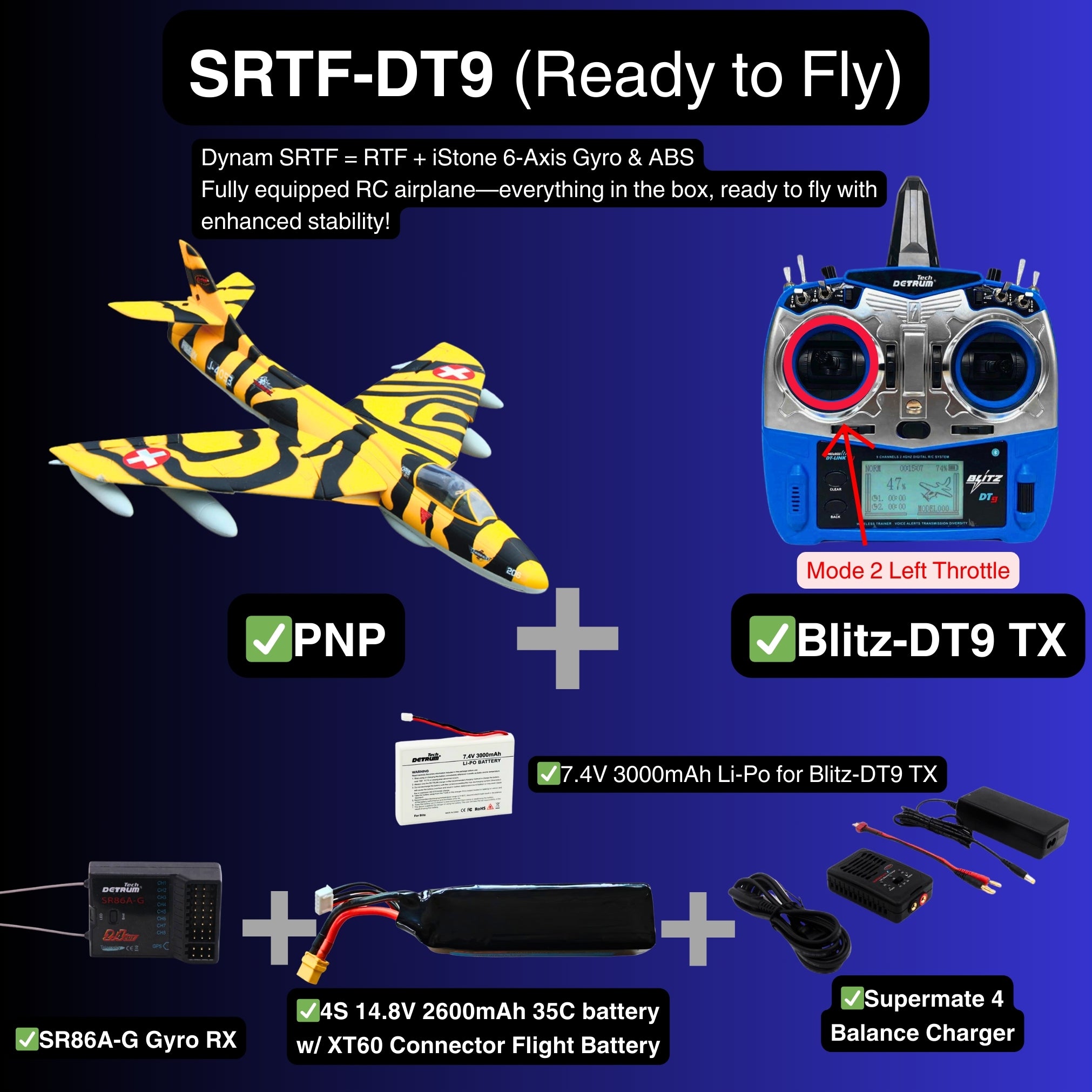 Dynam Hawker Hunter 4S 70mm 12 Blade RC Beginner EDF Jet SRTF DT9 Mode 2