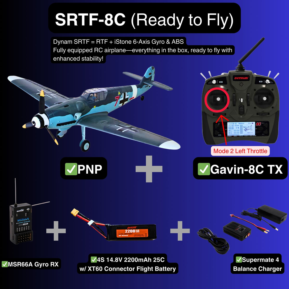 Dynam Messerschmitt BF 109 V2 4S RC Warbird Plane 1300mm w Flaps SRTF 8C Mode 2