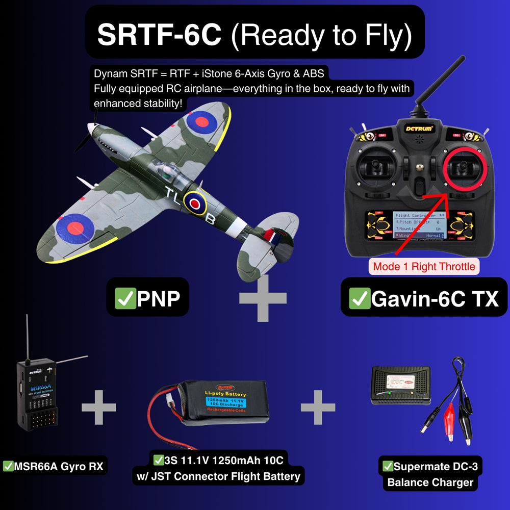 Dynam Mini Spitfire V2 RC Warbird Plane SRTF 6C Mode 1