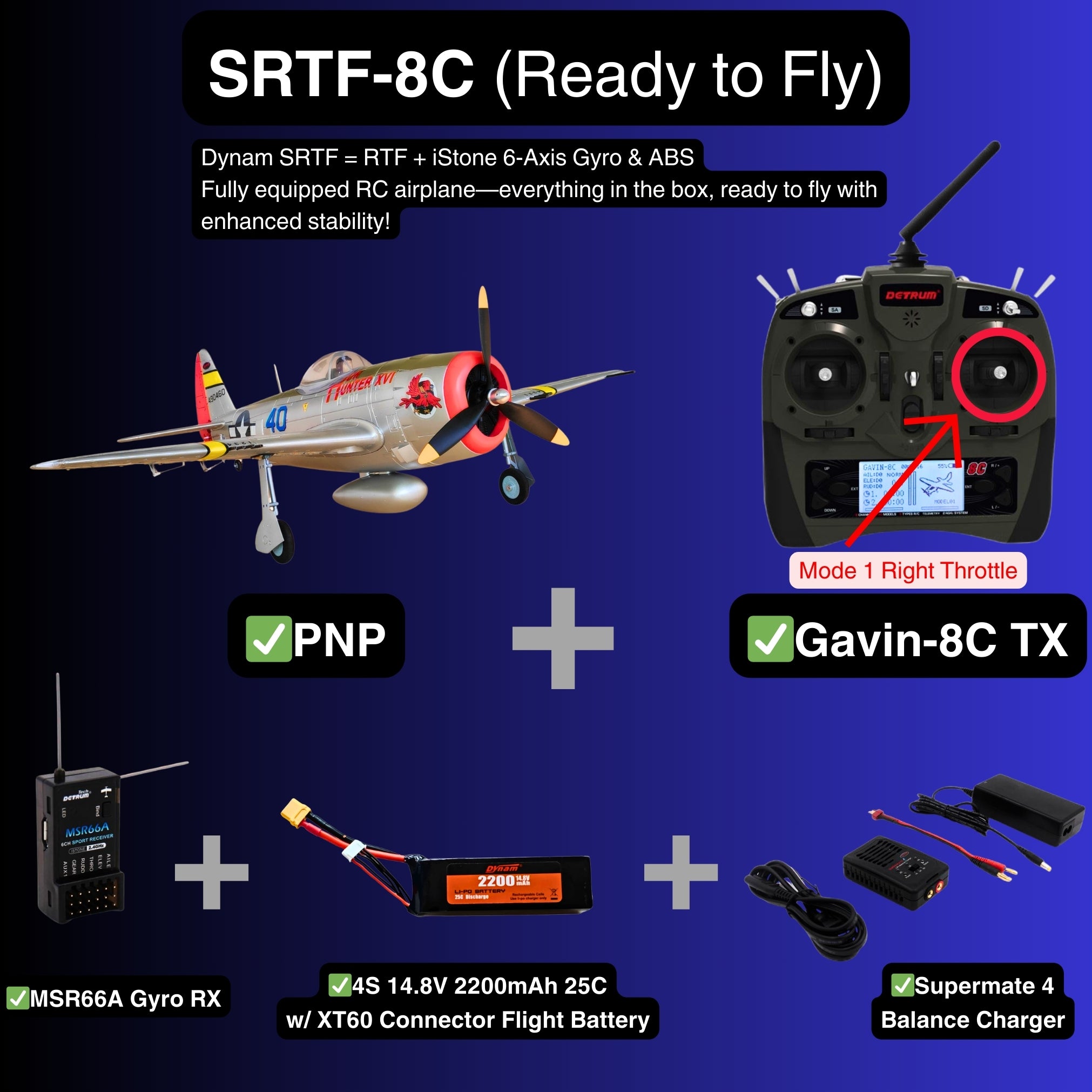 Dynam P 47D Thunderbolt V2 4S RC Warbird Plane SRTF 8C Mode 1