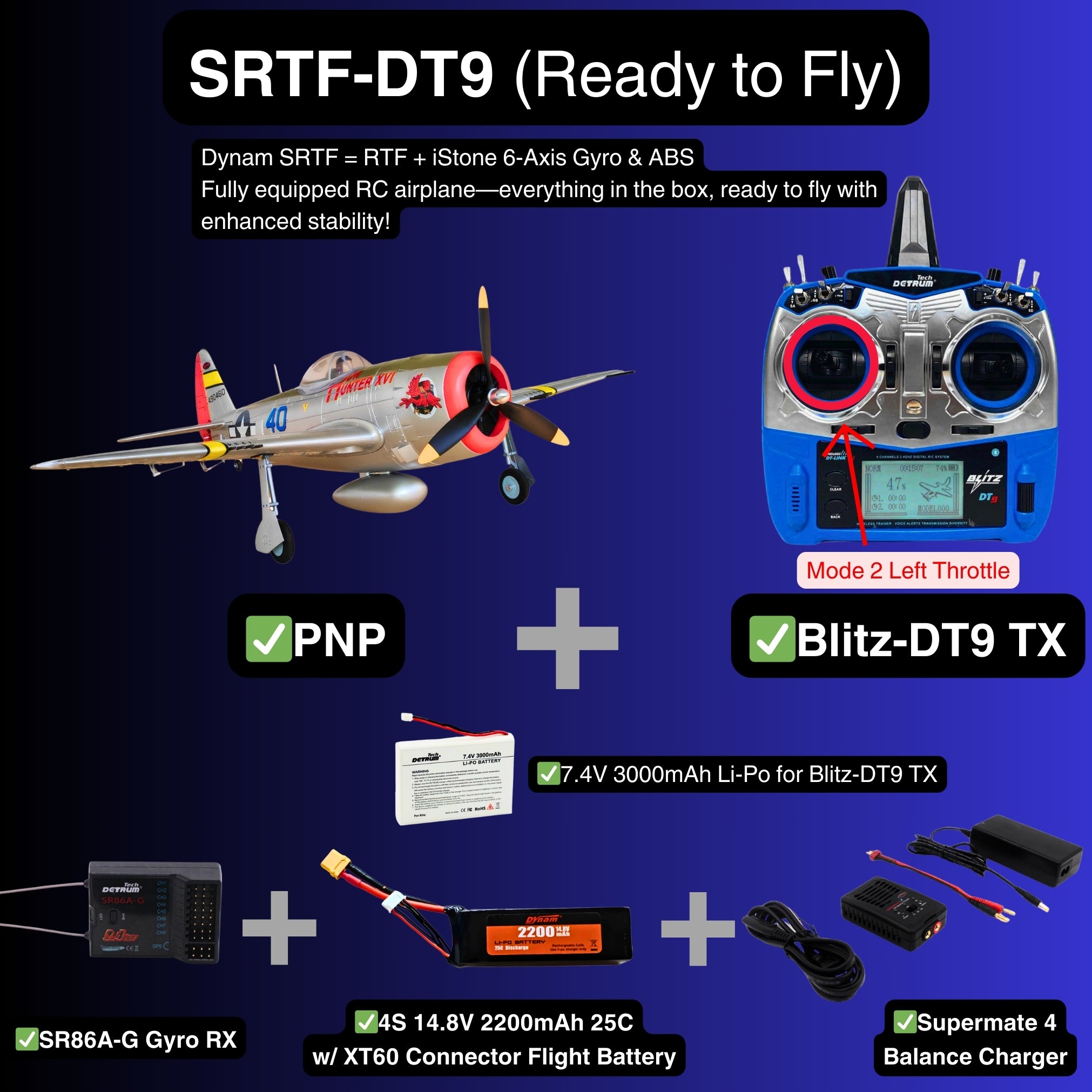 Dynam P 47D Thunderbolt V2 4S RC Warbird Plane SRTF DT9 Mode 2
