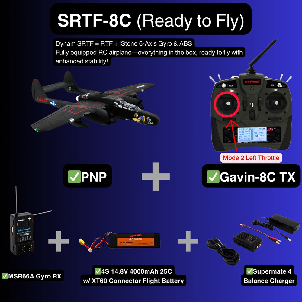 Dynam P 61 Black Widow 4S Twin Engine RC Warbird Plane 1500mm w Flaps SRTF 8C Mode 2