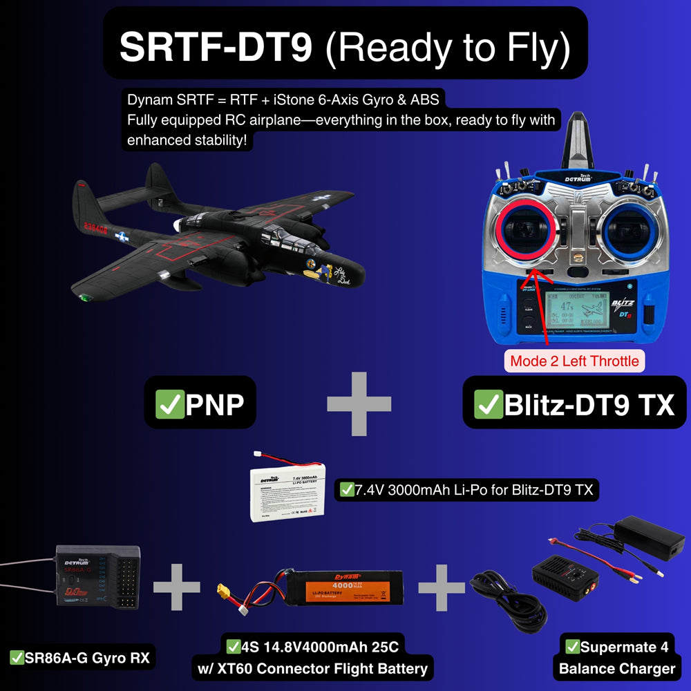 Dynam P 61 Black Widow 4S Twin Engine RC Warbird Plane 1500mm w Flaps SRTF DT9 Mode 2