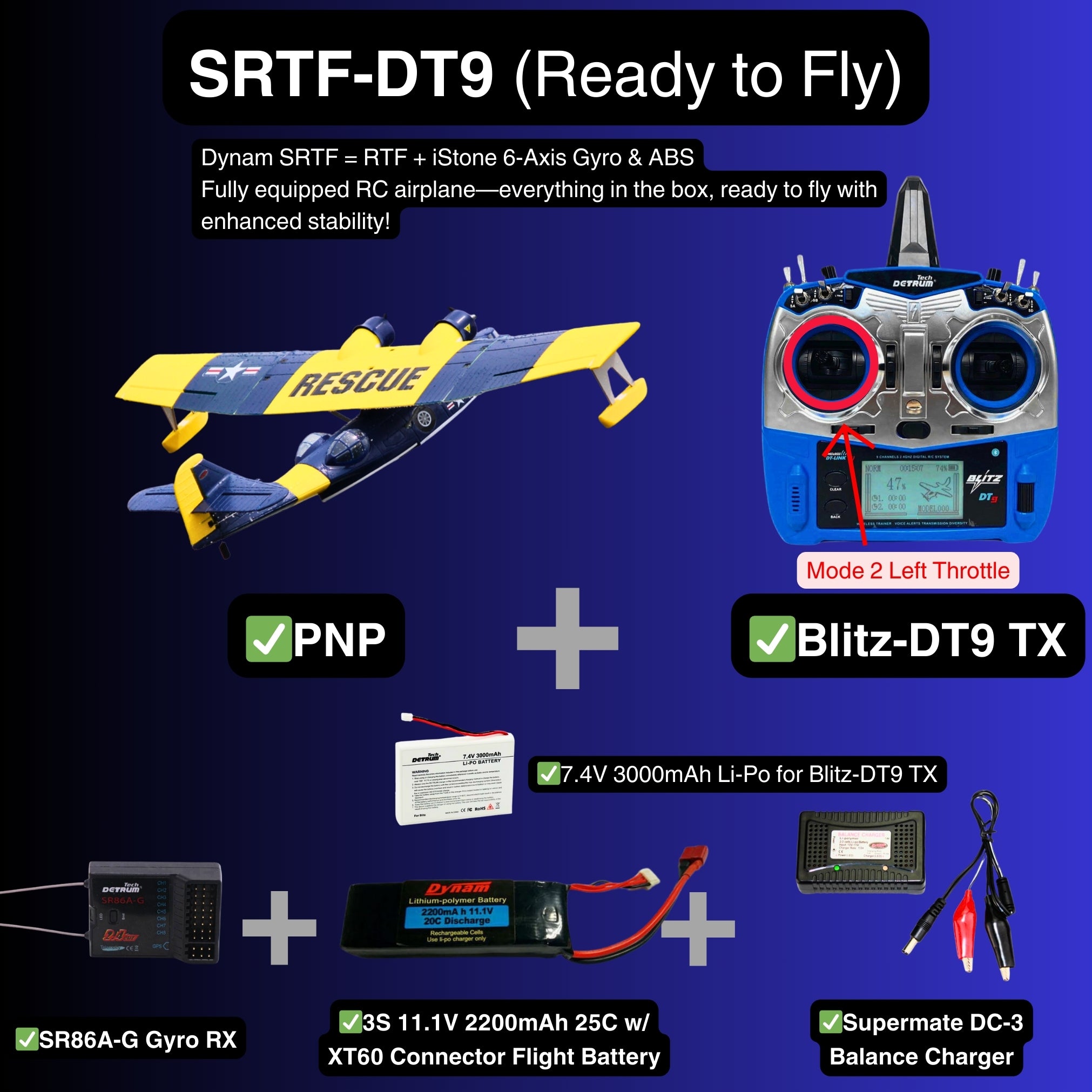 Dynam PBY Catalina V2 Blue Twin Engine RC Seaplane SRTF DT9 Mode 2