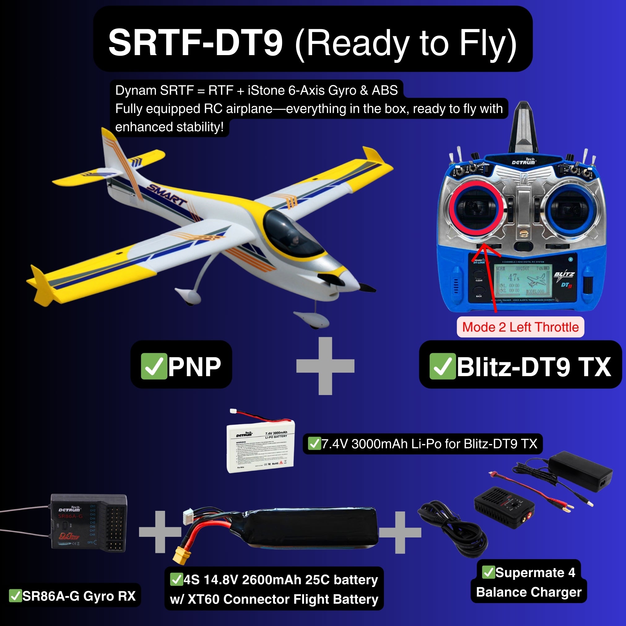 Dynam Smart 3D Sport Trainer V2 4S RC Aerobatic Plane SRTF DT9 Mode 2