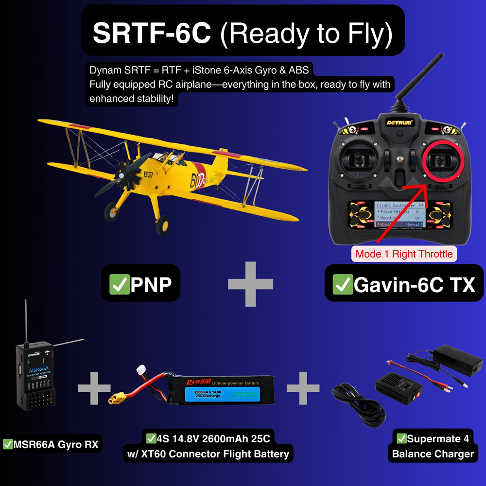 Dynam Stearman PT 17 Yellow 4S RC Biplane 1300mm 51 Wingspan SRTF 6C Mode 1