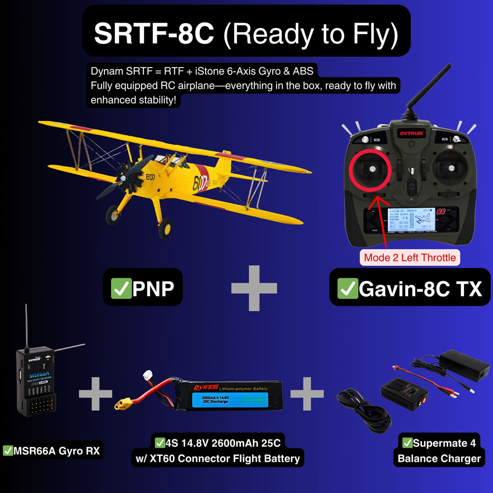 Dynam Stearman PT 17 Yellow 4S RC Biplane 1300mm 51 Wingspan SRTF 8C Mode 2