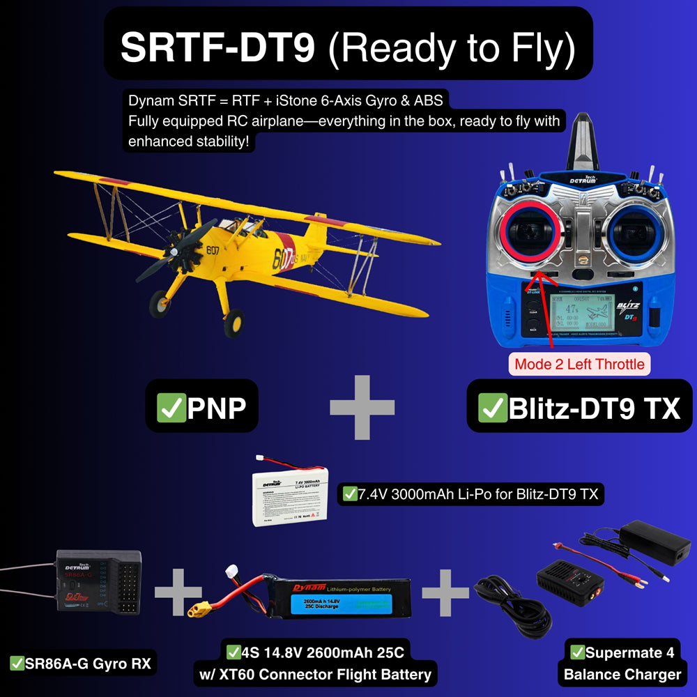 Dynam Stearman PT 17 Yellow 4S RC Biplane 1300mm 51 Wingspan SRTF DT9 Mode 2