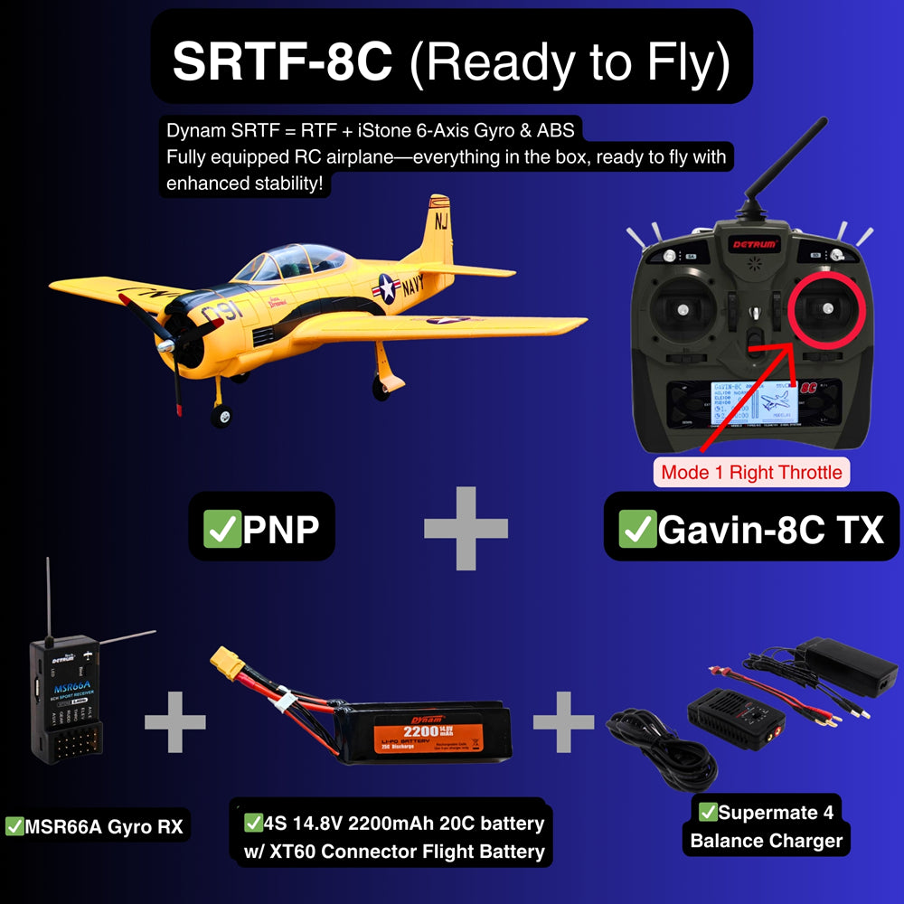 Dynam T 28 Trojan V2 Yellow 4S RC Warbird Plane SRTF 8C Mode 1