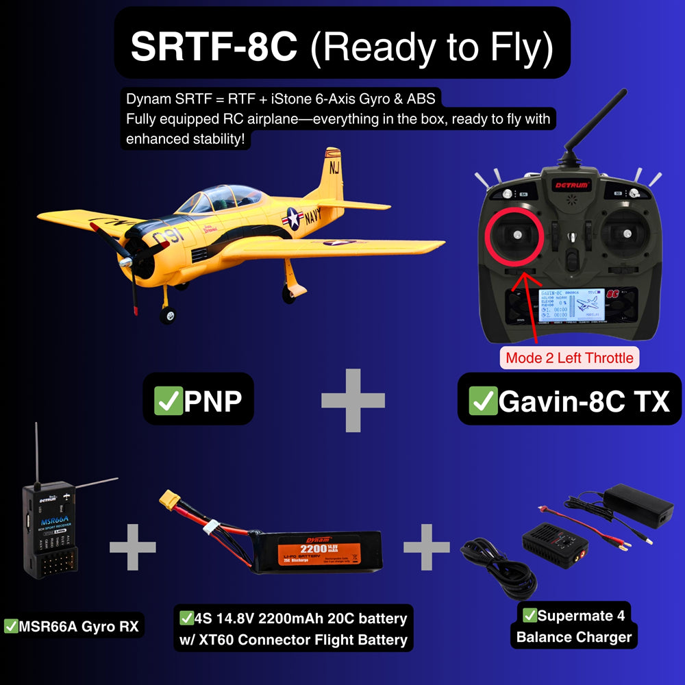 Dynam T 28 Trojan V2 Yellow 4S RC Warbird Plane SRTF 8C Mode 2