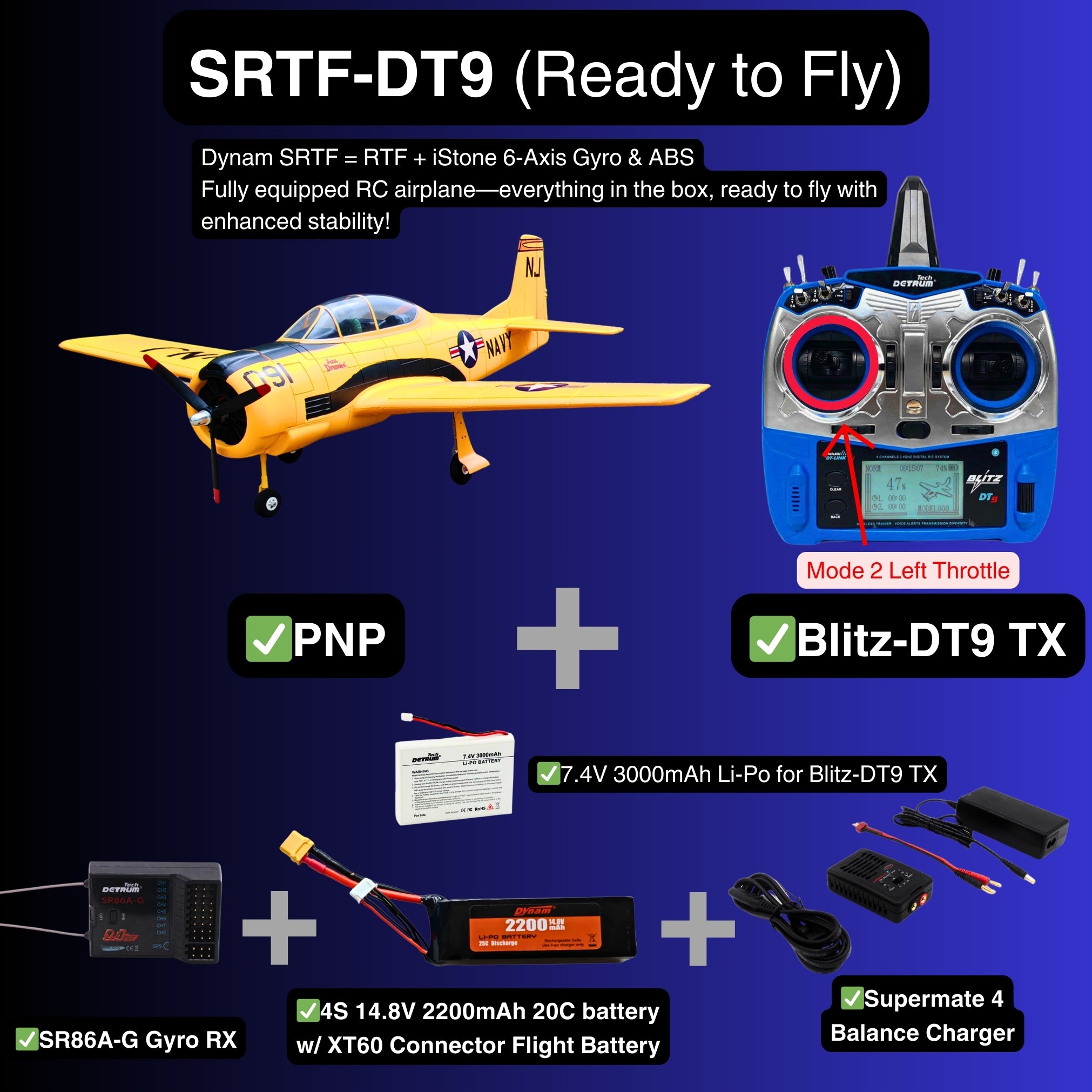 Dynam T 28 Trojan V2 Yellow 4S RC Warbird Plane SRTF DT9 Mode 2