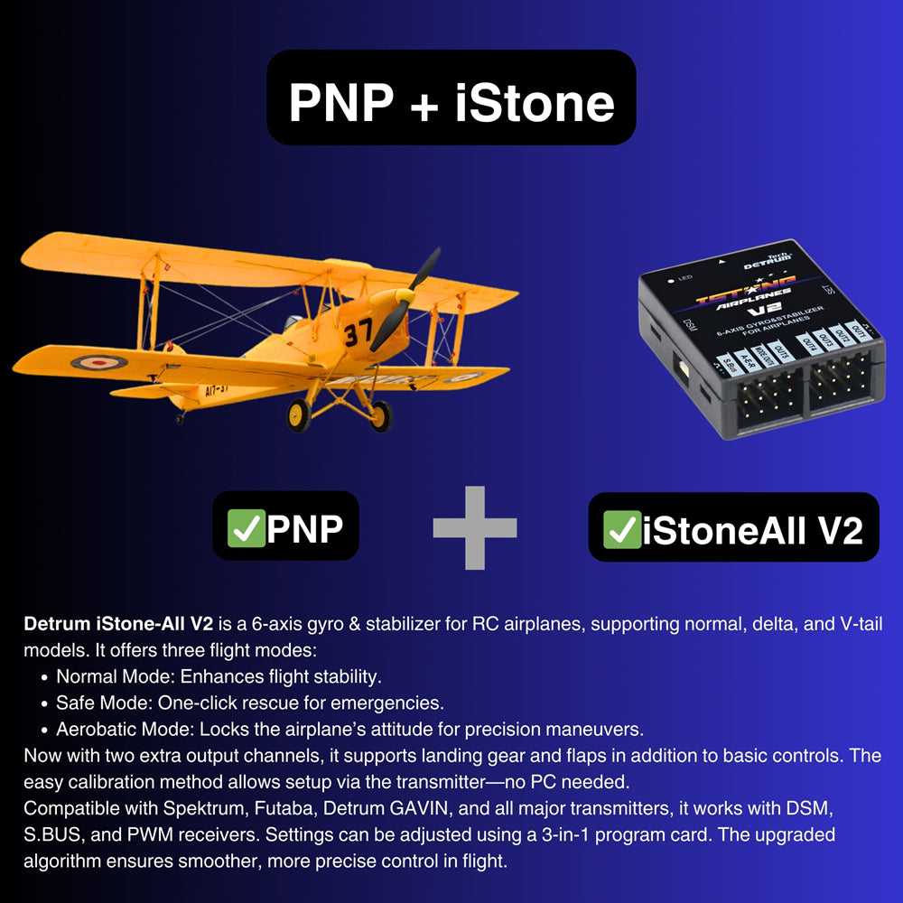 Dynam Tiger Moth DH. 82 V2 Yellow 4S RC Biplane PNP iStone