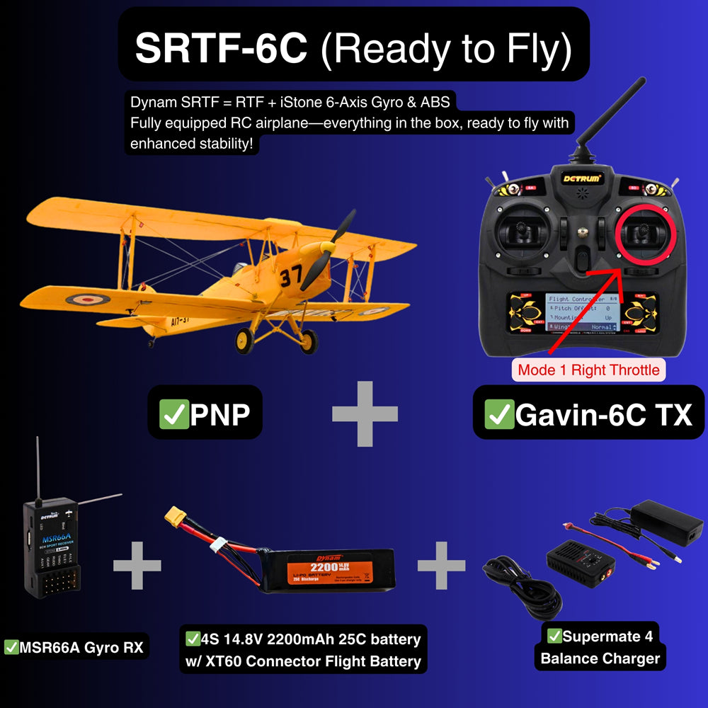 Dynam Tiger Moth DH. 82 V2 Yellow 4S RC Biplane SRTF 6C Mode 1