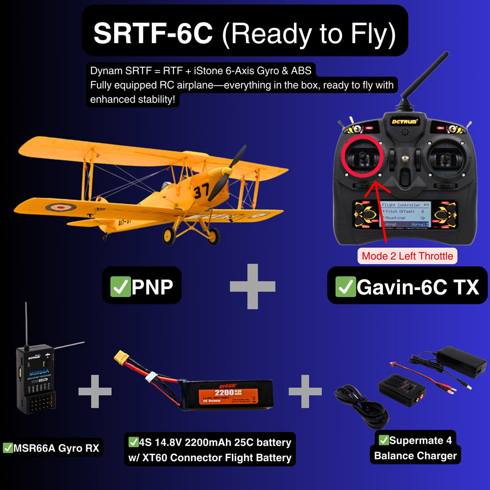 Dynam Tiger Moth DH. 82 V2 Yellow 4S RC Biplane SRTF 6C Mode 2