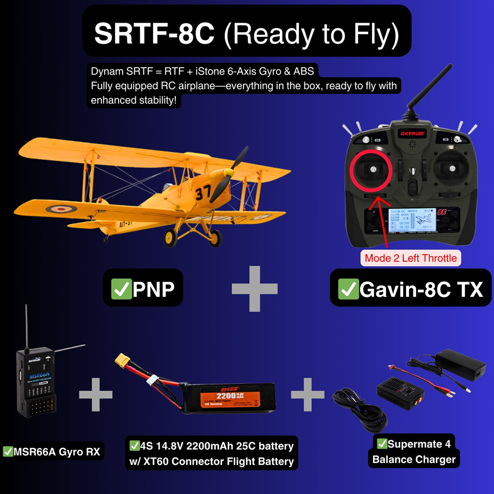 Dynam Tiger Moth DH. 82 V2 Yellow 4S RC Biplane SRTF 8C Mode 2