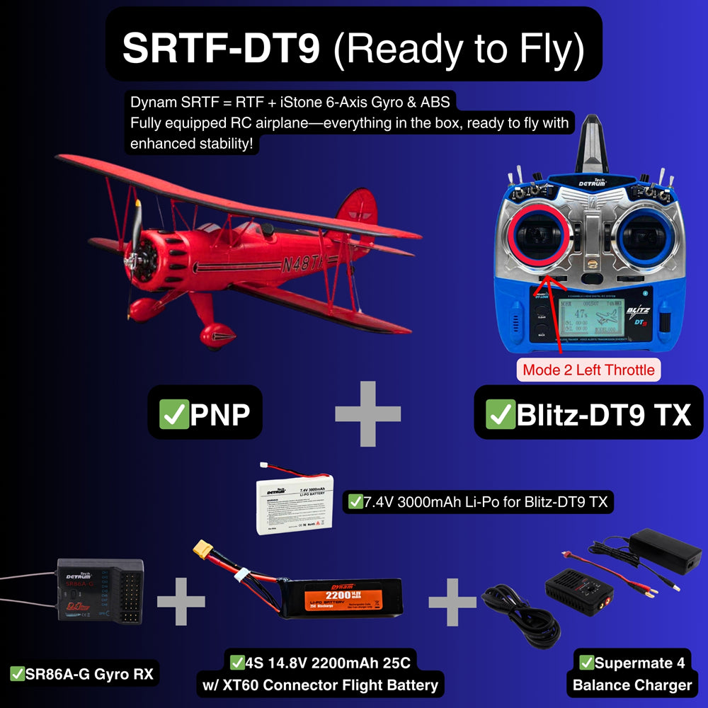 Dynam Waco YMF 5D V2 Red 4S RC Biplane 1.3m Wingspan SRTF DT9 Mode 2