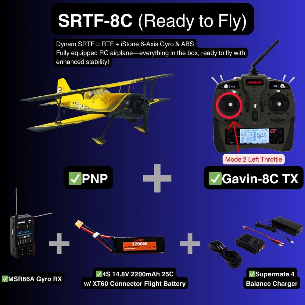Dynam Pitts Python Model 12 Yellow 4S RC Aerobatic 3D Sport Biplane SRTF 8C Mode 2