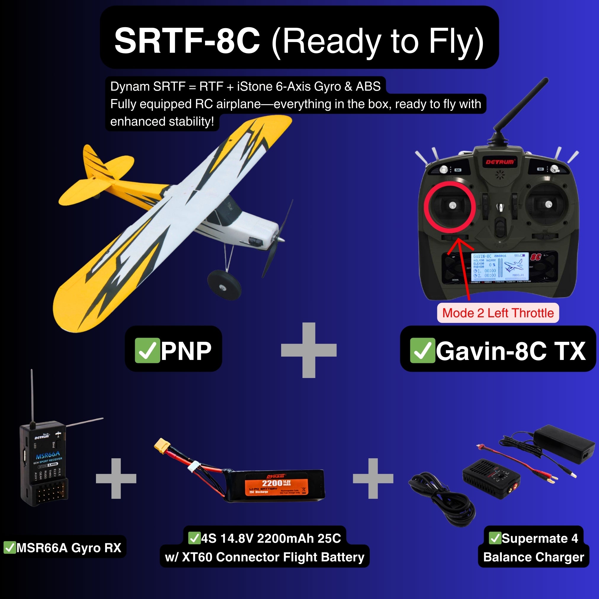 Dynam Primo RC Beginner Trainer Yellow STOL Bigfoot SRTF 8C Mode 2