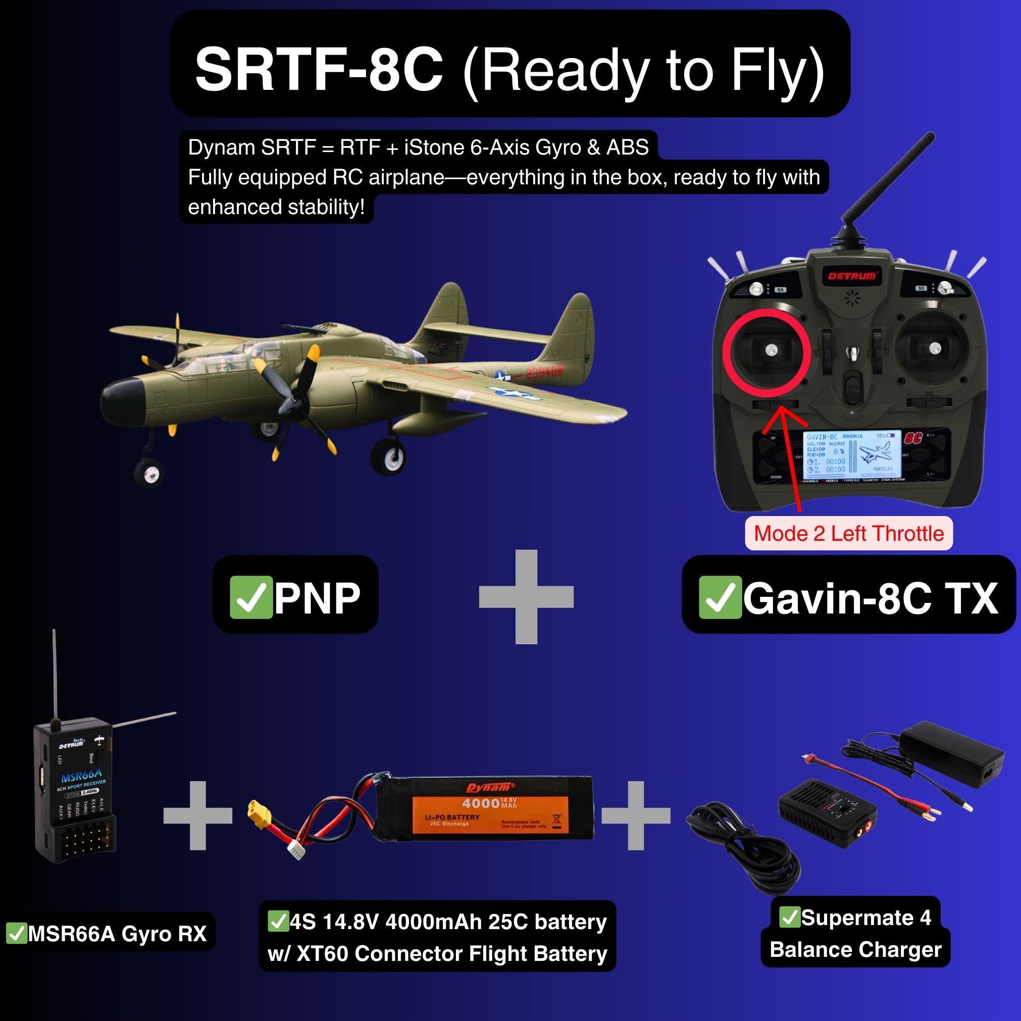 Dynam P 61 Black Widow 4S Twin Engine RC Warbird Plane 1500mm w Flaps SRTF 8C Mode 2