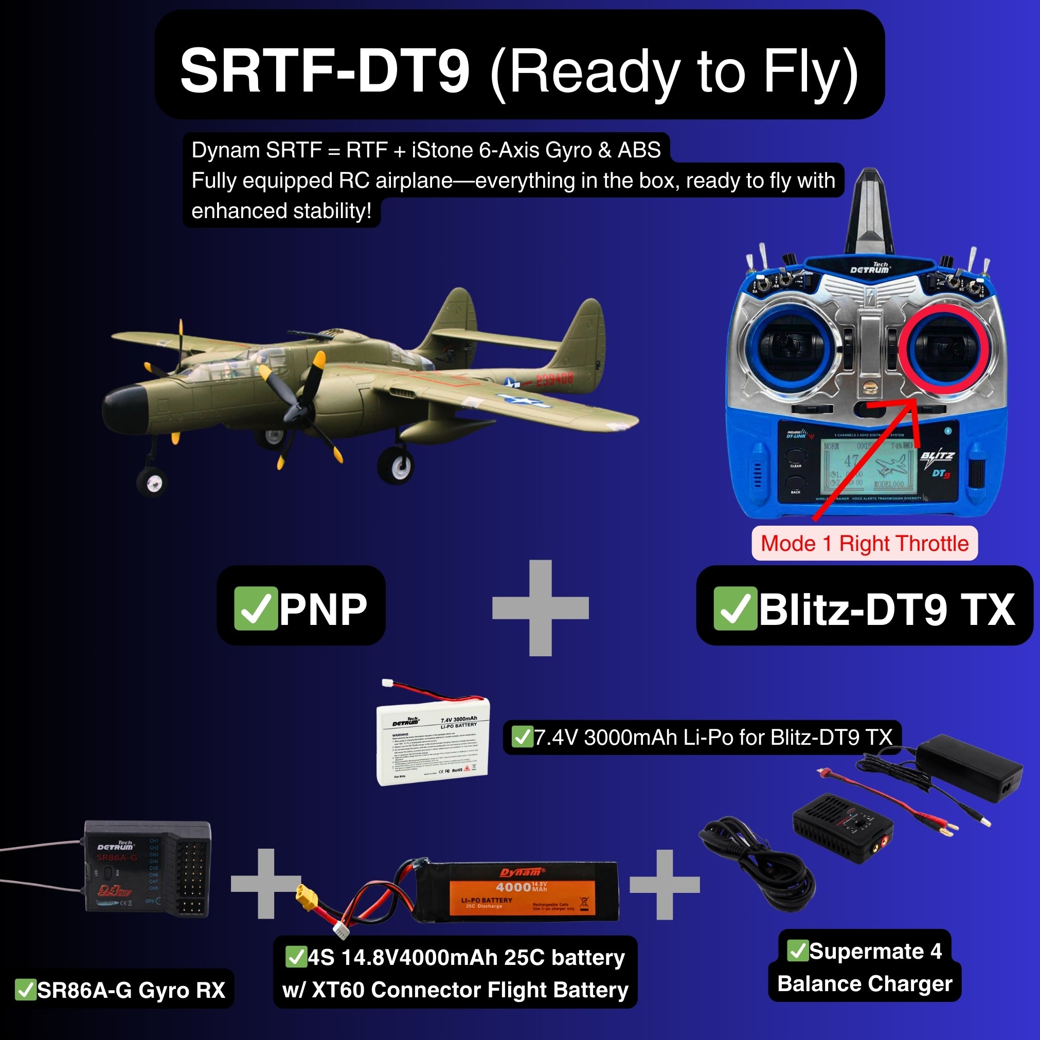 Dynam P 61 Black Widow 4S Twin Engine RC Warbird Plane 1500mm w Flaps SRTF DT9 Mode 1