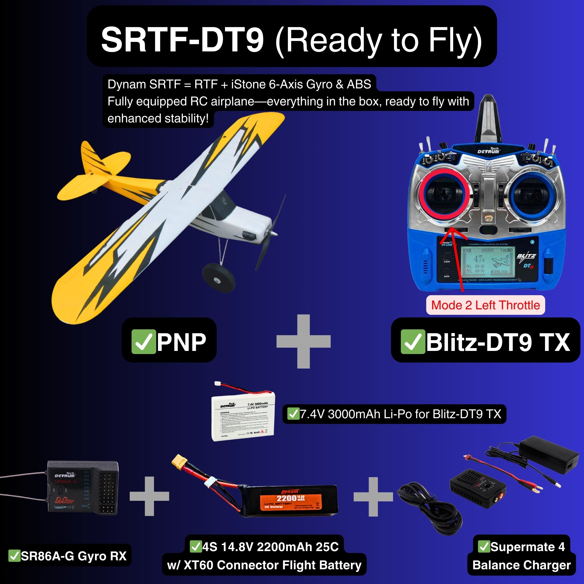 Dynam Primo RC Beginner Trainer Yellow STOL Bigfoot SRTF DT9 Mode 2