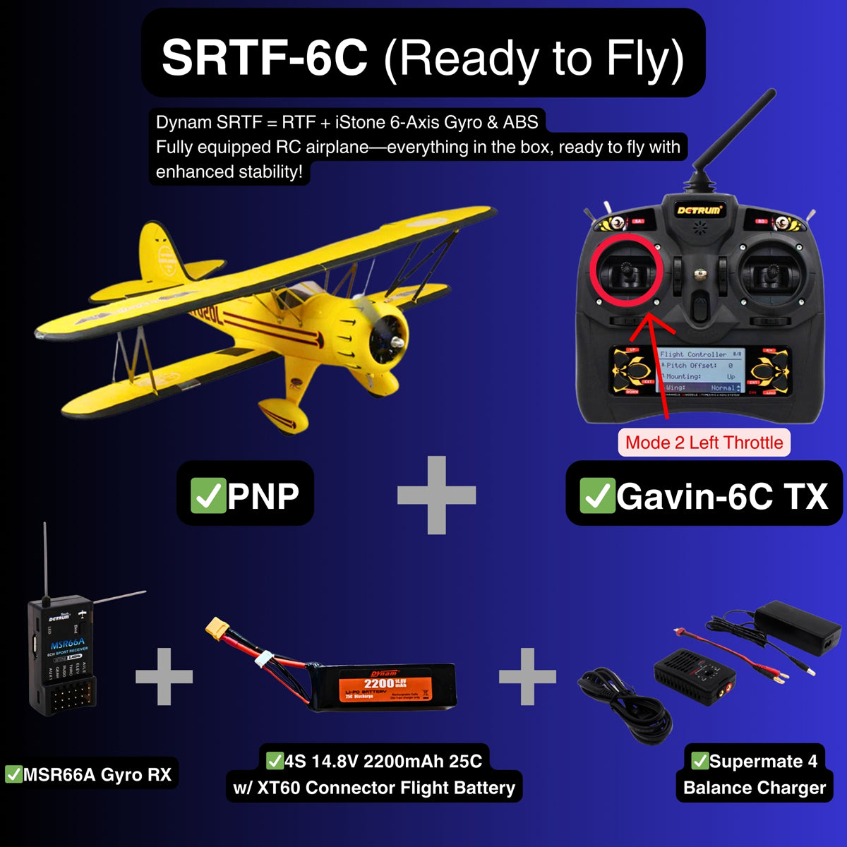 Waco YMF 5D V2 Yellow 4S RC Biplane 1300mm 51 Wingspan SRTF 6C Mode 2