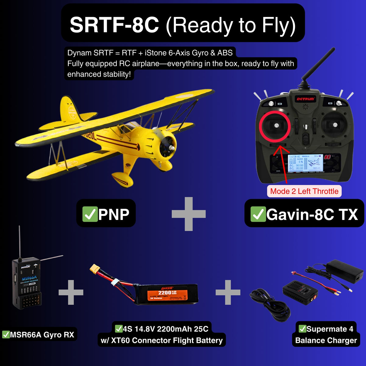 Waco YMF 5D V2 Yellow 4S RC Biplane 1300mm 51 Wingspan SRTF 8C Mode 2