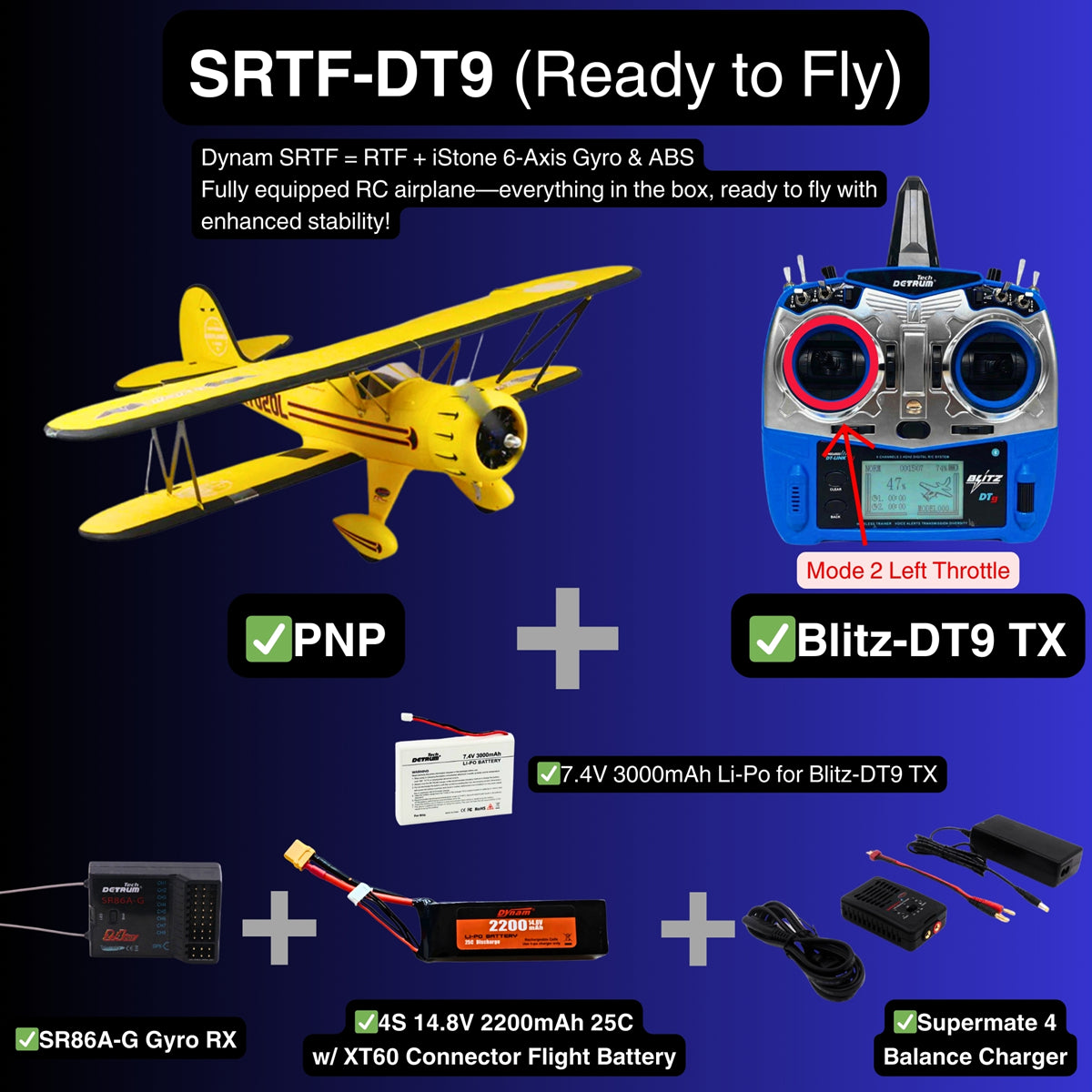Waco YMF 5D V2 Yellow 4S RC Biplane 1300mm 51 Wingspan SRTF DT9 Mode 2