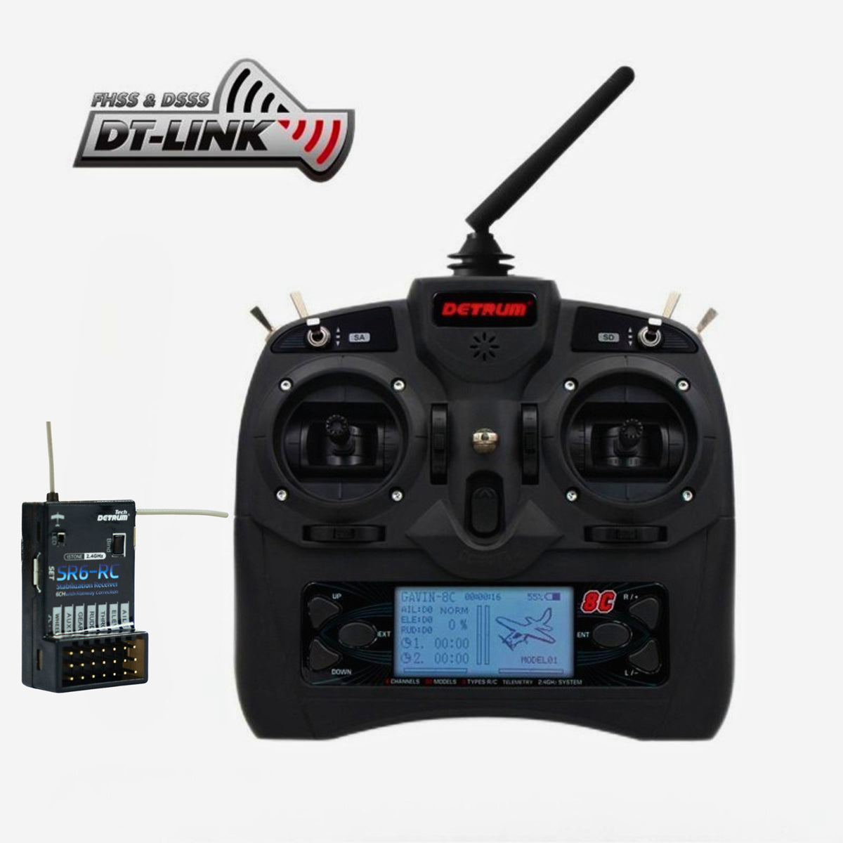Detrum GAVIN-8C 8CH 2.4Ghz Transmitter w/ SR6-RC iStone 6-Axis Stabilization & Runway Correction Receiver