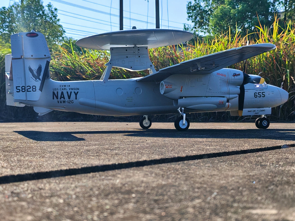 🌟🎉 New Release! Dynam E-2C Hawkeye AEW 1500mm Twin-Engine 360° Rotating Radar RC Scale Airplane