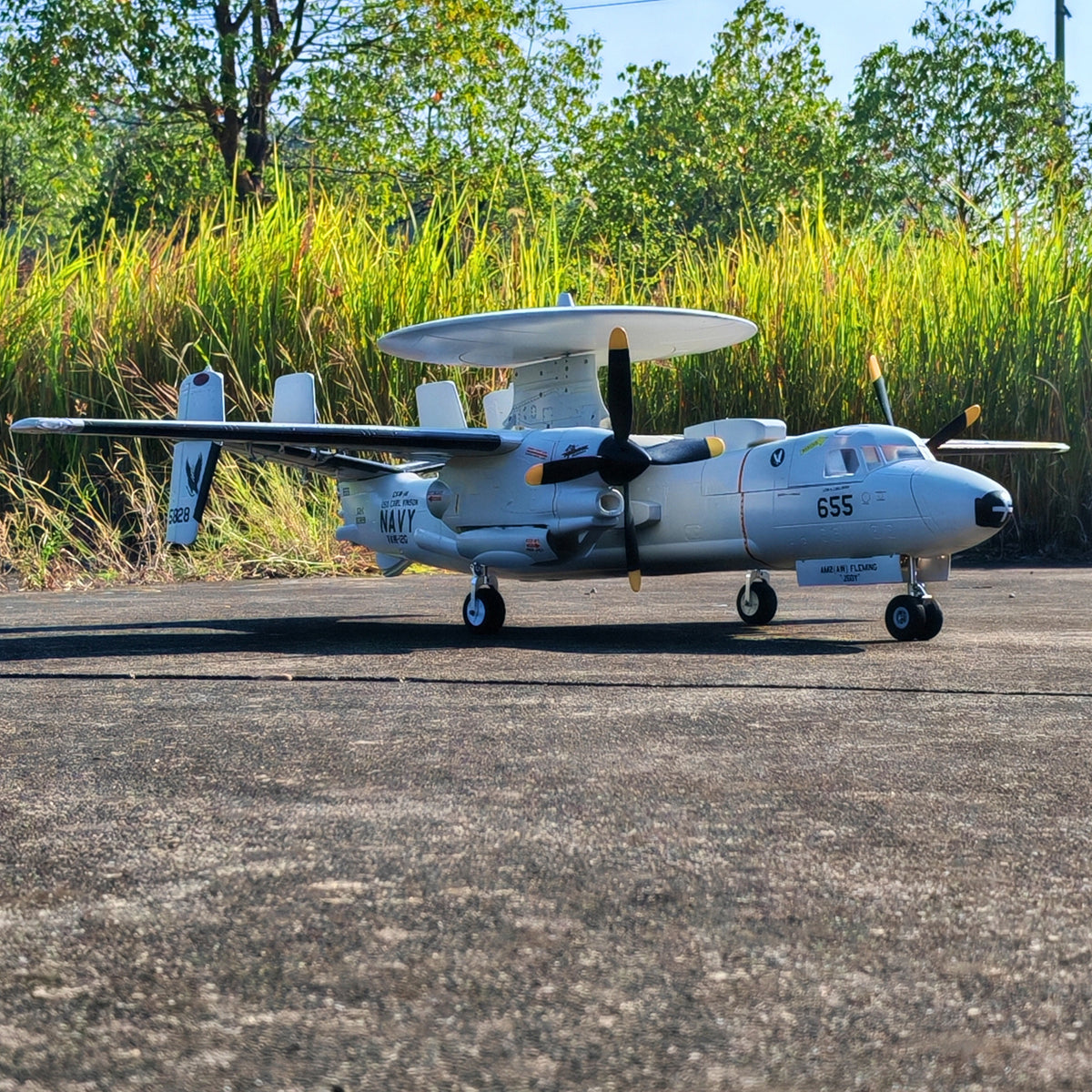 🌟🎉 New Release! Dynam E-2C Hawkeye AEW 1500mm Twin-Engine 360° Rotating Radar RC Scale Airplane