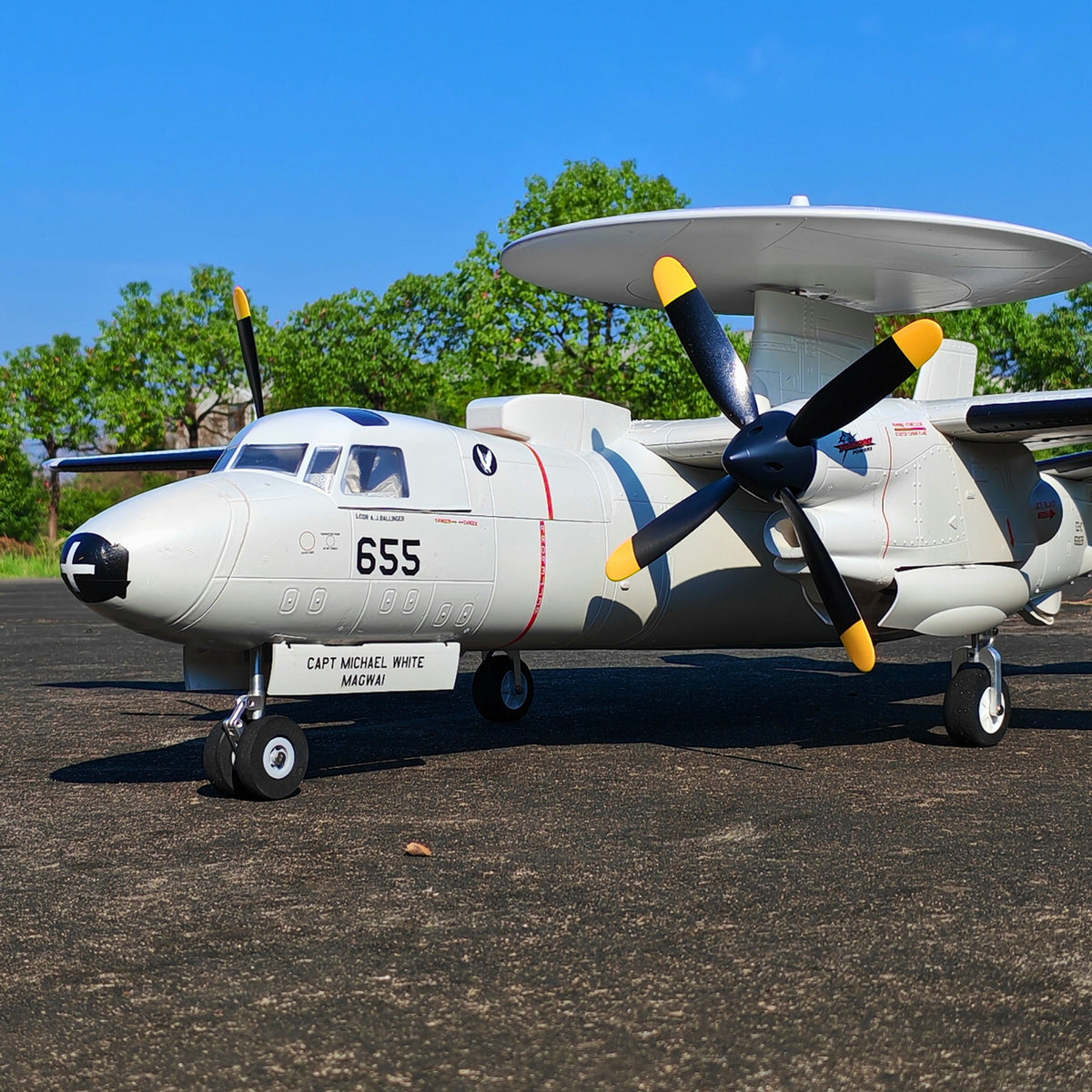 🌟🎉 New Release! Dynam E-2C Hawkeye AEW 1500mm Twin-Engine 360° Rotating Radar RC Scale Airplane