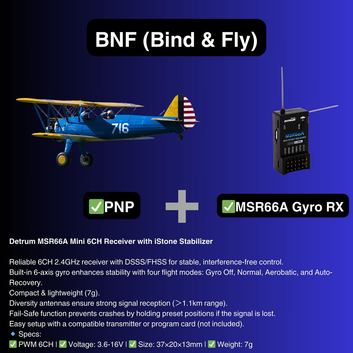 Dynam ステアマン PT-17 ブルー 4S RC 複葉機 1300mm